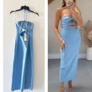 NEW Zara Blue Halter Cutout Bodycon Maxi Dress Size XS